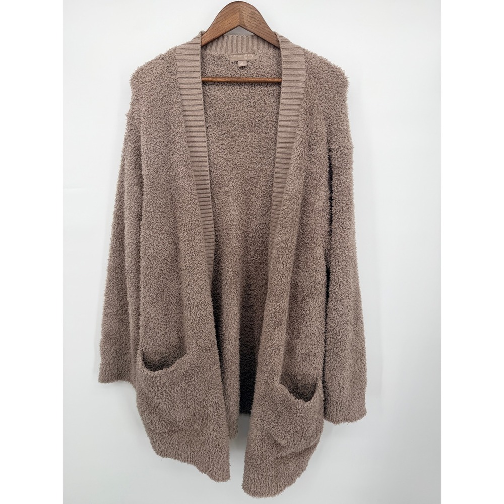 Barefoot Dreams Cardigan Women 2X Taupe Good CozyChic Ribbed Open Front Pocket